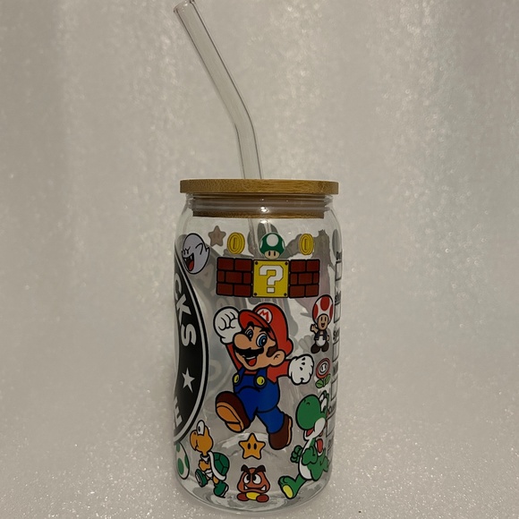 Super Mario Starbucks Glass Libby Cup w/ Lid and Glass Straw- 16oz - Picture 3 of 5